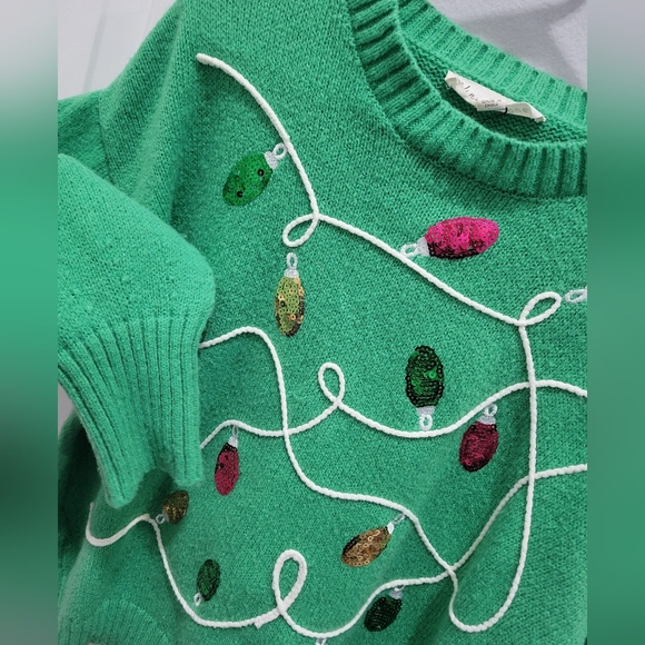 Christmas Vine & Love Sequin Lightbulb Green Sweater Size S - Picture 4 of 5